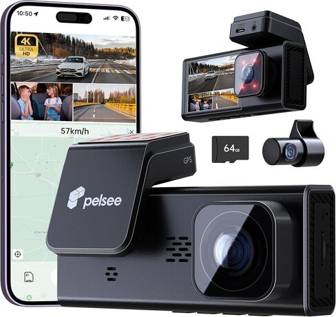 pelsee P2 Trio 4K 3 Channel Dash Cam Front & Rear Inside, 64GB Card,Type-C Full Set Hard Wire Kit Fuse, 12V-24V to 5V Dash Camera Car Charger Cable Kit, Low Voltage Protection, Double-4 Fuse in Saudi Arabia