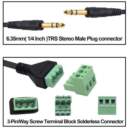6.35mm TRS Stereo Screw Terminal Block Connector Adapter Cable 6.35mm 1/4" TRS Audio Jack Male to 3 Pin Screw Terminal Solderless Microphone Converter Cable -35cm, 2 Pcs in Saudi Arabia