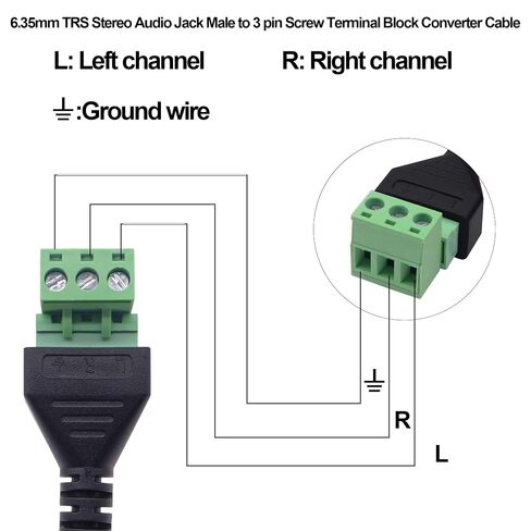 6.35mm TRS Stereo Screw Terminal Block Connector Adapter Cable 6.35mm 1/4" TRS Audio Jack Male to 3 Pin Screw Terminal Solderless Microphone Converter Cable -35cm, 2 Pcs in Saudi Arabia