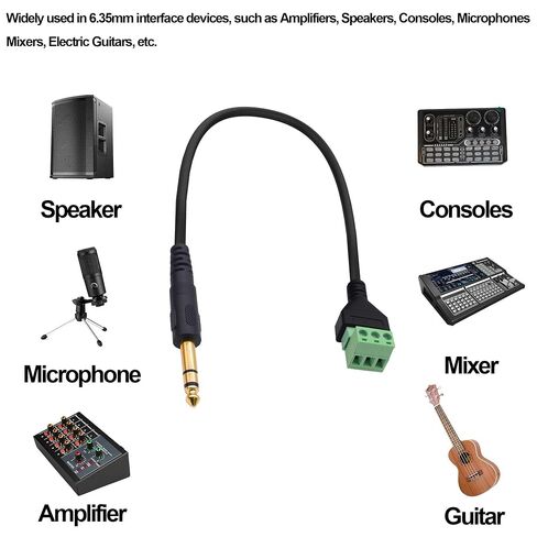 6.35mm TRS Stereo Screw Terminal Block Connector Adapter Cable 6.35mm 1/4" TRS Audio Jack Male to 3 Pin Screw Terminal Solderless Microphone Converter Cable -35cm, 2 Pcs in Saudi Arabia