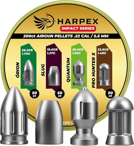 Harpex Combo Impact Series .22 Cal (5.5 ملم) حبيبات Airgun - 200 حزمة متنوعة: Orion وSlug وQuantum وPro Hunter X - دقة عالية للصيد والهدف in Kuwait