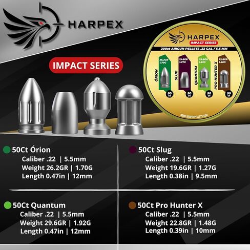 Harpex Combo Impact Series .22 Cal (5.5 ملم) حبيبات Airgun - 200 حزمة متنوعة: Orion وSlug وQuantum وPro Hunter X - دقة عالية للصيد والهدف in Kuwait