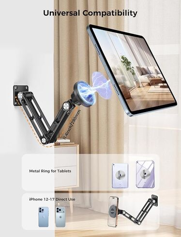 OHLPRO Magnetic Tablet Wall Mount Holder for iPad with 2-Stage Adjustable Foldable Aluminum Arm, Wall Phone Holder Compatible with MagSafe iPhone 12-17 Series Tablet, Great for Home Gym Kitchen in Saudi Arabia