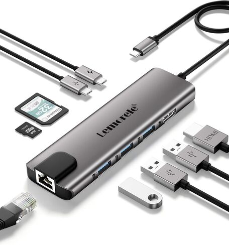 Lemorele USB C Hub Multiport Adapter 9 in 1 w/Gigabit Ethernet, 100W PD, HDMI 4K, 3 USB 2.0, 5Gbps USB C Data Port, SD/TF Card Reader, Dongle Docking Station for MacBook Lenovo HP Dell Laptops in Kuwait