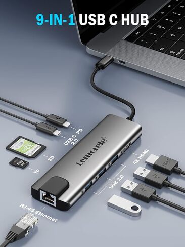 Lemorele USB C Hub Multiport Adapter 9 in 1 w/Gigabit Ethernet, 100W PD, HDMI 4K, 3 USB 2.0, 5Gbps USB C Data Port, SD/TF Card Reader, Dongle Docking Station for MacBook Lenovo HP Dell Laptops in Kuwait