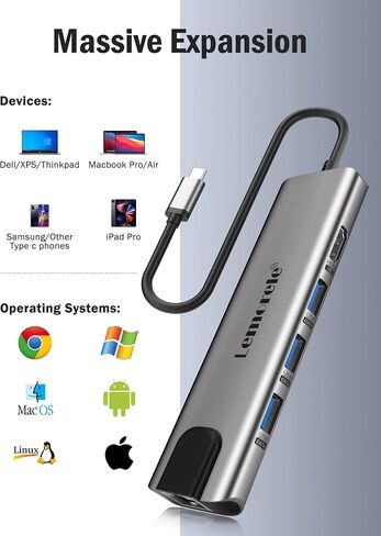 Lemorele USB C Hub Multiport Adapter 9 in 1 w/Gigabit Ethernet, 100W PD, HDMI 4K, 3 USB 2.0, 5Gbps USB C Data Port, SD/TF Card Reader, Dongle Docking Station for MacBook Lenovo HP Dell Laptops in Kuwait