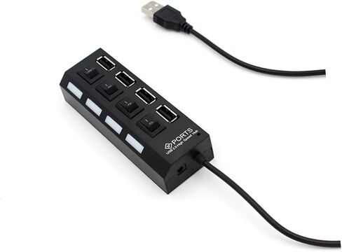 USB Hub 4-Port Splitter Independent Controls for Computers and Laptops USB 2.0 Device Connector Black in Saudi Arabia