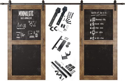 Dark Walnut 50 in. x 80 in. Double Sliding Barn Door, 2 Finished Chalkboard Barn Doors with 18ft Non-Bypass Installation Hardware Kit, Solid Wood Frame, Unassembled, Interior Use Only in Kuwait
