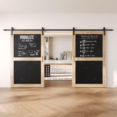 50 in. x 80 in. Double Sliding Barn Door, 2 Unfinished Chalkboard Barn Doors with 18ft Non-Bypass Installation Hardware Kit, Solid Wood Frame, Unassembled, Interior Use Only in Kuwait
