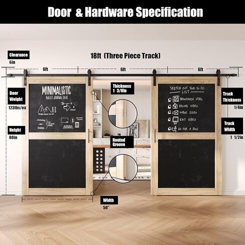 50 in. x 80 in. Double Sliding Barn Door, 2 Unfinished Chalkboard Barn Doors with 18ft Non-Bypass Installation Hardware Kit, Solid Wood Frame, Unassembled, Interior Use Only in Kuwait