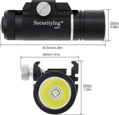 SecurityIng 320LM Compact Rail Mounted Light, IPX8 Waterproof Mini Tactical Flashlight, with Rechargeable Battery & Mount for Standard Picatinny MIL-STD-1913 Rails in Saudi Arabia