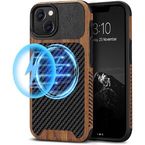 TENDLIN Compatible with iPhone 13 Case Wood Grain with Carbon Fiber Texture Design Leather Hybrid Case Compatible for iPhone 13 6.1-inch Released in 2021 Black in Saudi Arabia