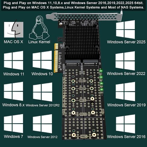 PCIE-PEX8747M8 PCIE 3.0 x8 Interface to 4-Port NVME M.2 SSD Expansion Card for Desktop PCs, Broadcom PLX PEX8747 PCIE Gen 3.0 Switch, 64Gb/s Bandwidth, On-Card PCIE Bifurcation, for Storage & Boot in Saudi Arabia