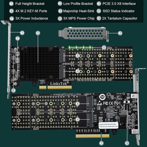 PCIE-PEX8747M8 PCIE 3.0 x8 Interface to 4-Port NVME M.2 SSD Expansion Card for Desktop PCs, Broadcom PLX PEX8747 PCIE Gen 3.0 Switch, 64Gb/s Bandwidth, On-Card PCIE Bifurcation, for Storage & Boot in Saudi Arabia