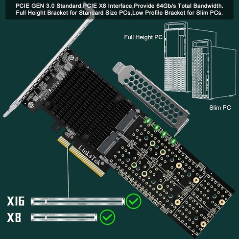 PCIE-PEX8747M8 PCIE 3.0 x8 Interface to 4-Port NVME M.2 SSD Expansion Card for Desktop PCs, Broadcom PLX PEX8747 PCIE Gen 3.0 Switch, 64Gb/s Bandwidth, On-Card PCIE Bifurcation, for Storage & Boot in Saudi Arabia