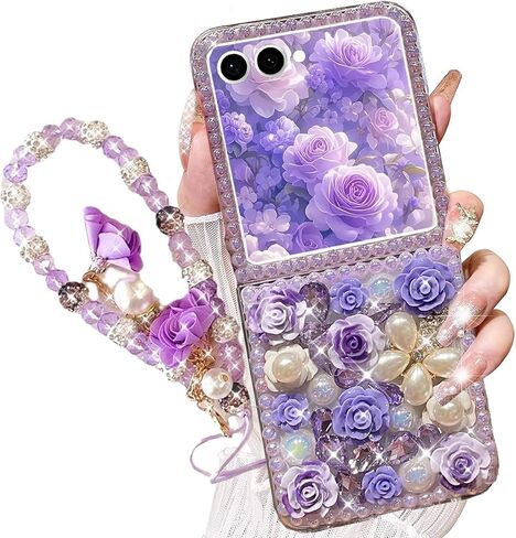 for Samsung Galaxy Z Flip 7 Case,Cute Bling Glitter Sparkle Stunning Stones Diamond Rhinestone 3D Handmade Pearl Rose Flower with Wrist Lanyard for Women Girls for Galaxy Z Flip 7,Pink in Saudi Arabia