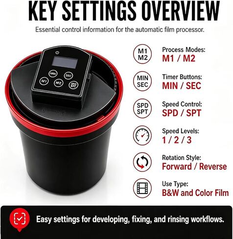 Automatic Film Processor, Home Film Developing Kit, with Smart Timer, Dual Modes & Adjustable Speed, Forward/Reverse Rotation, for Black and White or Color Film in Saudi Arabia