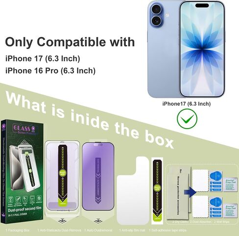 2-Pack Anti Blue Light Blocking Matte Screen Protector for iPhone 17/16 Pro (6.3-Inch),Anti-Glare,9H Tempered Glass,Full Coverage,Anti-Fingerprint,Auto Dust Removal,Bubble-Free in Kuwait