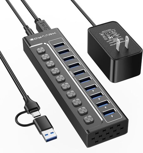 Powered USB Hub 3.0, 10-Port USB Hub Splitter with Individual Switches and Indicator Lights, 10 USB 3.0 Data Transfer Ports, 4 of Which Can Be Used for BC1.2 Charging +12V3A UL-Listed Power Adapter in Saudi Arabia