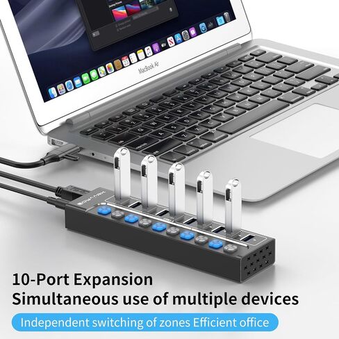 Powered USB Hub 3.0, 10-Port USB Hub Splitter with Individual Switches and Indicator Lights, 10 USB 3.0 Data Transfer Ports, 4 of Which Can Be Used for BC1.2 Charging +12V3A UL-Listed Power Adapter in Saudi Arabia