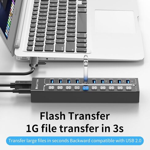 Powered USB Hub 3.0, 10-Port USB Hub Splitter with Individual Switches and Indicator Lights, 10 USB 3.0 Data Transfer Ports, 4 of Which Can Be Used for BC1.2 Charging +12V3A UL-Listed Power Adapter in Saudi Arabia