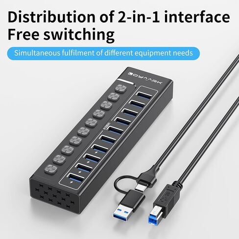 Powered USB Hub 3.0, 10-Port USB Hub Splitter with Individual Switches and Indicator Lights, 10 USB 3.0 Data Transfer Ports, 4 of Which Can Be Used for BC1.2 Charging +12V3A UL-Listed Power Adapter in Saudi Arabia