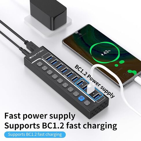 Powered USB Hub 3.0, 10-Port USB Hub Splitter with Individual Switches and Indicator Lights, 10 USB 3.0 Data Transfer Ports, 4 of Which Can Be Used for BC1.2 Charging +12V3A UL-Listed Power Adapter in Saudi Arabia