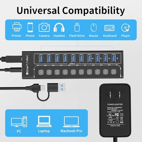 Powered USB Hub 3.0, 10-Port USB Hub Splitter with Individual Switches and Indicator Lights, 10 USB 3.0 Data Transfer Ports, 4 of Which Can Be Used for BC1.2 Charging +12V3A UL-Listed Power Adapter in Saudi Arabia
