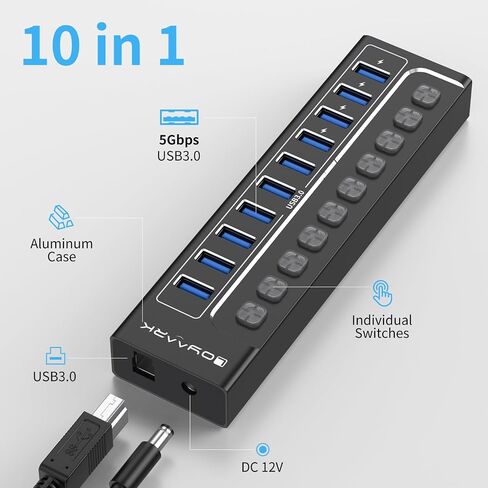 Powered USB Hub 3.0, 10-Port USB Hub Splitter with Individual Switches and Indicator Lights, 10 USB 3.0 Data Transfer Ports, 4 of Which Can Be Used for BC1.2 Charging +12V3A UL-Listed Power Adapter in Saudi Arabia