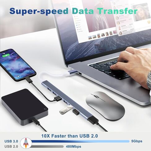 7 منافذ USB C إلى USB Hub، 7 منافذ USB 3.0 Hub و3 محولات in Kuwait