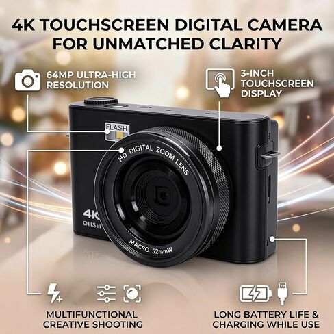 64MP 4K Digital Camera, 3 Inch TFT Touch LCD Screen Auto Focus Vlogging Camera with 18X Zoom LED Flash 5 White Balance Modes, for Photography Video Recording (Black) in Saudi Arabia