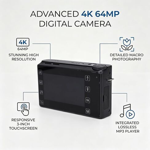 64MP 4K Digital Camera, 3 Inch TFT Touch LCD Screen Auto Focus Vlogging Camera with 18X Zoom LED Flash 5 White Balance Modes, for Photography Video Recording (Black) in Saudi Arabia
