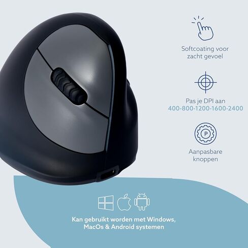 R-Go HE Vertical Ergonomic Mouse, Wireless Bluetooth 5.0, for Large Hand, with Break Software, Prevents Tennis Elbow/Mouse Arm RSI, Silent Click, 5 Buttons - Compatible Windows/MacOS, Black in Kuwait