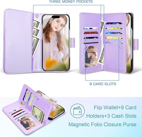Fingic for iPhone 16 Pro Max Case Wallet with Card Holder Kickstand Purple in Kuwait