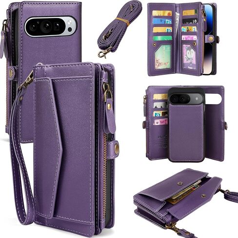 for Google Pixel 9 5G Wallet Case for Women, Pixel 9 Pro 6.3" Case with RFID Blocking Card Holder, Leather Zipper Wallet Detachable Magnetic Phone Case with Crossbody Strap, Purple in Saudi Arabia