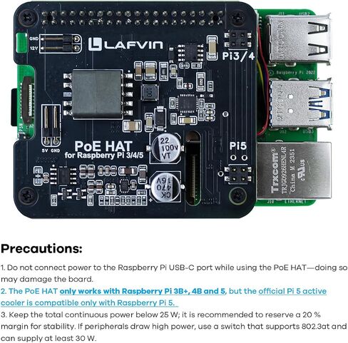 LAFVIN POE HAT for Raspberry Pi 5/4B/3B+, IEEE 802.3af/at Compliant, 5V 4.5A & 12V 2A Dual Output, PoE Ethernet Power Supply Expansion Board with GPIO Header & Installation Kit in Saudi Arabia