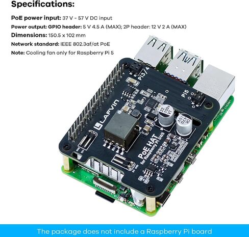 LAFVIN POE HAT for Raspberry Pi 5/4B/3B+, IEEE 802.3af/at Compliant, 5V 4.5A & 12V 2A Dual Output, PoE Ethernet Power Supply Expansion Board with GPIO Header & Installation Kit in Saudi Arabia