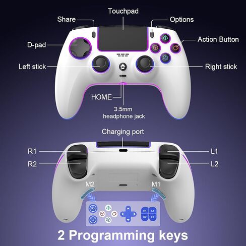 وحدة تحكم لاسلكية متوافقة مع PS-5/Pro/PC/MAC/iOS/Android10/Steam Deck، لوحة ألعاب مزودة بإضاءة RGB بـ 7 ألوان/اهتزاز مزدوج/Turbo/قابل للبرمجة/مقبس سماعة الرأس/مستشعر جيروسكوبي 6 محاور/بطارية 1500 مللي أمبير في الساعة in Kuwait
