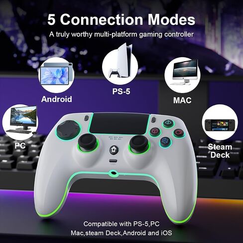 وحدة تحكم لاسلكية متوافقة مع PS-5/Pro/PC/MAC/iOS/Android10/Steam Deck، لوحة ألعاب مزودة بإضاءة RGB بـ 7 ألوان/اهتزاز مزدوج/Turbo/قابل للبرمجة/مقبس سماعة الرأس/مستشعر جيروسكوبي 6 محاور/بطارية 1500 مللي أمبير في الساعة in Kuwait