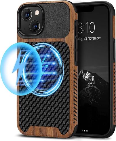 TENDLIN Compatible with iPhone 13 Case Wood Grain with Carbon Fiber Texture Design Leather Hybrid Case Compatible for iPhone 13 6.1-inch Released in 2021 Black in Saudi Arabia