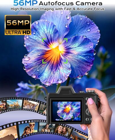 4K Digital Camera for Photography Travel, 56MP Autofocus Vlogging Camera for YouTube, 16X Zoom with 3" 180°Flip Screen & Lens Hood, 32GB Card, Gift Ideas for Teens & Beginners in Saudi Arabia