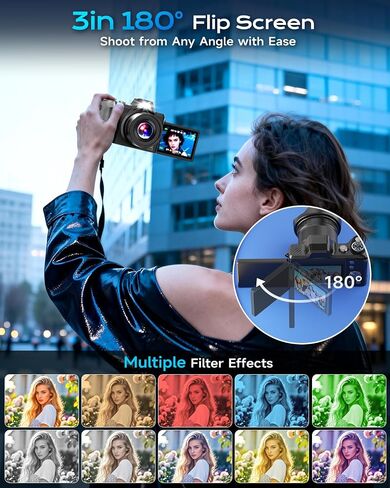 4K Digital Camera for Photography Travel, 56MP Autofocus Vlogging Camera for YouTube, 16X Zoom with 3" 180°Flip Screen & Lens Hood, 32GB Card, Gift Ideas for Teens & Beginners in Saudi Arabia