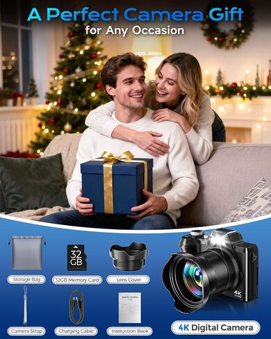 4K Digital Camera for Photography Travel, 56MP Autofocus Vlogging Camera for YouTube, 16X Zoom with 3" 180°Flip Screen & Lens Hood, 32GB Card, Gift Ideas for Teens & Beginners in Saudi Arabia