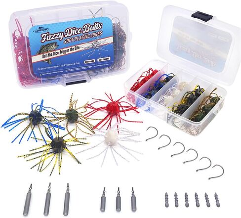 Fuzzy-Dice-Bass-Fishing-Lure-Kit-Soft-Plastic-Cube-Baits with Wacky Hooks & Nail Weights,Drop Shot Weights - Finesse Rig for Smallmouth & Largemouth Bass, FFS Optimized in Kuwait