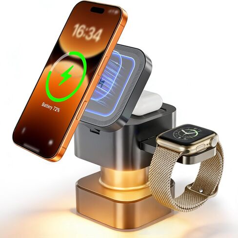 2026 محطة شحن لاسلكية 4 في 1 لأجهزة Apple، شاحن مغناطيسي سريع 15 وات متوافق مع Magsafe لهاتف iPhone 17 16 15 14 13 12 Pro Max Plus، Apple Watch Series & AirPods 4 3 2 Pro (بدون محول) in Kuwait