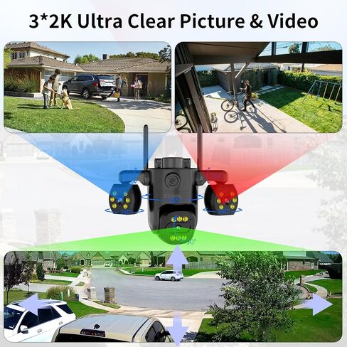 ESCANU Triple Lens Wired Outdoor Security Camera, 2.4G/5G WiFi Outdoor Cameras for Home Security with Auto Tracking, 24/7 Recording, Color Night Vision, 2-Way Audio for Indoor and Outdoor in Saudi Arabia