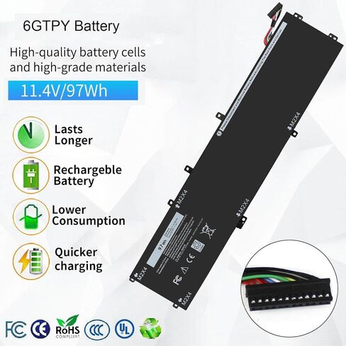 بطارية 97Wh 6GTPY لأجهزة Dell XPS 15 9560 9570 9550 7590 الدقة 5510 5520 5530 5540 Vostro 7500 7590 Series 4GVGH GPM03 1P6KD 5XJ28 M2X4 P56F P56F001 11.4V in Kuwait