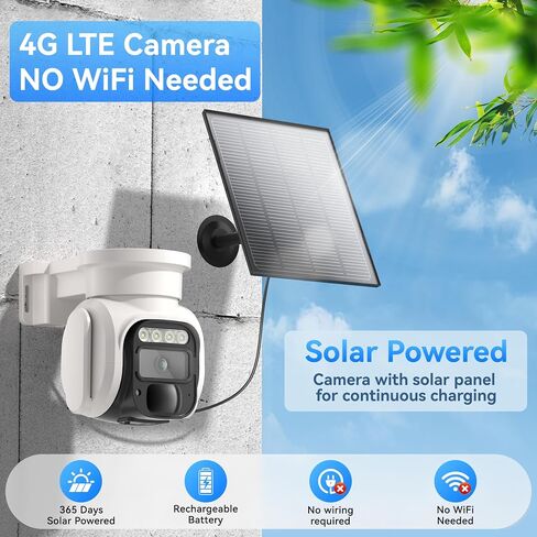 4G LTE Cellular Solar Security Camera Wireless Outdoor, No WiFi Solar Camera Built in eSIM & Subscription Fee, PTZ 355° Live View, 2K Camera with 2 Way Talk, PIR Motion Sensor, Cloud Storage in Kuwait