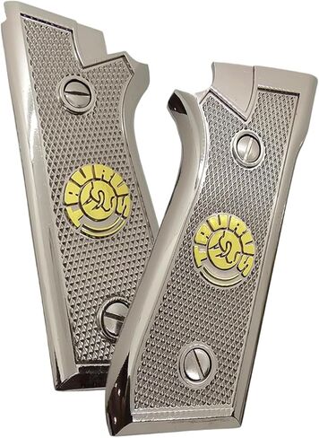 Metal Grip Panels Compatible with Taurus PT-92, PT-99, PT-100 & PT-101 – Nickel and Gold Plated Finish with Checkered Texture Design – Full Size Frame Fit – Mounting Screws Included in Saudi Arabia