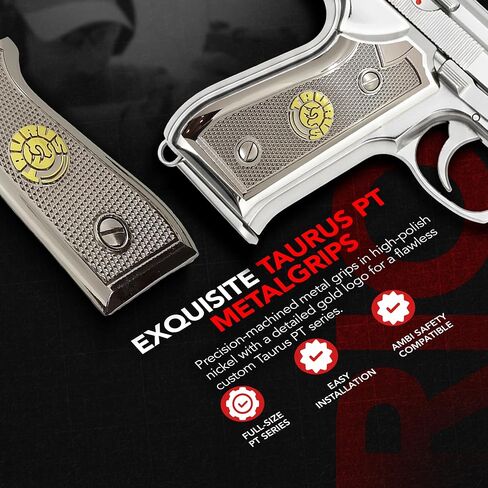 Metal Grip Panels Compatible with Taurus PT-92, PT-99, PT-100 & PT-101 – Nickel and Gold Plated Finish with Checkered Texture Design – Full Size Frame Fit – Mounting Screws Included in Saudi Arabia